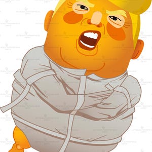 May include: Cartoon illustration of a person with orange skin and yellow hair, wearing a white straitjacket. The person's mouth is open in a scream, and the eyes are partially closed. The image has a humorous, satirical theme.