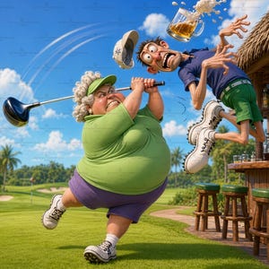 May include: A cartoon illustration of a woman playing golf on a green golf course. She is wearing a green shirt, purple shorts, and a visor. A man is hit by a golf ball and beer is spilling from a mug. A golf club and golf shoes are also visible.