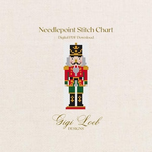 May include: A needlepoint stitch chart digital PDF download featuring a pixelated nutcracker graphic in red, green, black, and gold colors. The text reads Needlepoint Stitch Chart, Digital PDF Download, and Gigi Loeb Designs on a light beige background.
