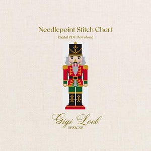 May include: A digital PDF needlepoint stitch chart featuring a pixelated nutcracker graphic. The nutcracker wears a black hat, red jacket with gold trim, green trousers, and black boots. The text reads Needlepoint Stitch Chart, Digital PDF Download, and Gigi Loeb Designs.