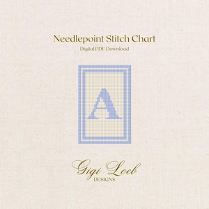 May include: A digital PDF needlepoint stitch chart featuring a light blue letter A centered within a rectangular grid border. The text reads Needlepoint Stitch Chart, Digital PDF Download, and Gigi Loeb DESIGNS on a textured off-white background.