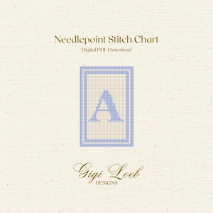 May include: A digital needlepoint stitch chart with a light blue letter "A" inside a light blue frame. The text "Needlepoint Stitch Chart" and "Digital PDF Download" are at the top. The designer's name, "Gigi Loeb Designs", is at the bottom.