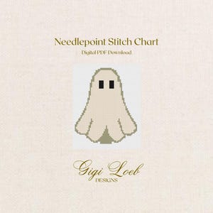 May include: A digital needlepoint stitch chart featuring a pixelated beige ghost with two black square eyes. The text reads Needlepoint Stitch Chart, Digital PDF Download, and Gigi Loeb Designs on a light cream background.