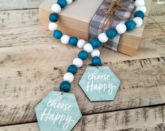 Choose Happy, Wood Bead Garland, Tiered Tray Garland, Farmhouse Bead Garland, Beaded Garland Decor, Teal Garland, Bead Garland, Aqua Decor