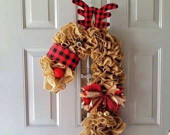 Reindeer Door Hanger, Reindeer Decoration, Red Nosed Reindeer, Burlap Reindeer, Buffalo Plaid Door Wreath, Buffalo Check Wall Decor