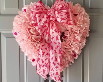 Ribbon Wreath, Breast Cancer Survivor Gift, Fabric Door Hanger, Indoor Door Wreath, Cancer Fighter Gift, Strength Gift, Faith Hope Love