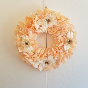 Peach Wreath, French Country Wreath, Country Cottage Decor, Peach Decorations, Fabric Door Wreath, Peach Wall Decor, Indoor Door Decor image 2