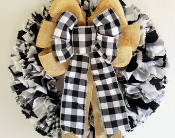 Black and White Wreath, Buffalo Plaid Wreath, Buffalo Check Wreath, Fabric Door Hanger, Indoor Door Wreath, Buffalo Check Door Hanger