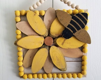 Wooden Sunflower, Sunflower Frame, Sunflower Bee, Farmhouse Sunflower Decor, Bees and Sunflower, Sunflower Decoration, Sunflower Wooden Sign