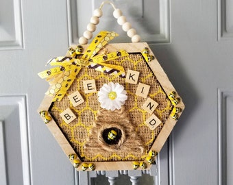 Bee Hive Decor, Bee Door Hanger, Honey Bee Decor, Bee Honeycomb, Bumble Bee Wall Decor, Honeycomb Decor, Bee Hive Sign, Bee Kind Sign