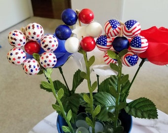 Patriotic Tiered Tray Decor, Patriotic Flowers, Faux Flowers on Stem, Beaded Flower Bouquet, Flower Picks, Faux Floral Bouquet, Floral Picks