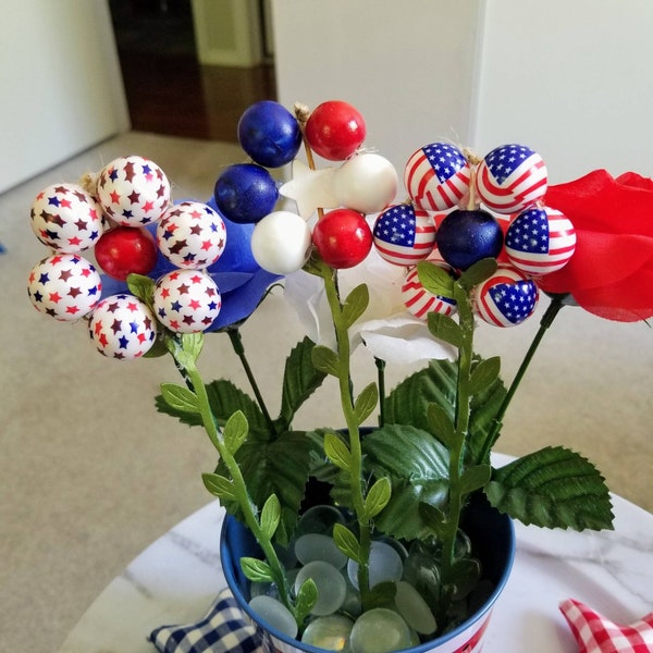 Patriotic Tiered Tray Decor, Patriotic Flowers, Faux Flowers on Stem, Beaded Flower Bouquet, Flower Picks, Faux Floral Bouquet, Floral Picks
