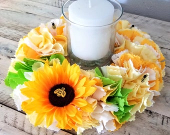 Sunflower Centerpiece, Candle Wreath, Table Candle Holder, Yellow Candle Holder, Farmhouse Sunflower Decor, Candle Centerpiece, Table Wreath