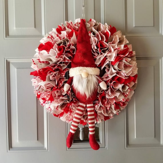 Gnome Wreath, Red and White Wreath, Gnome Door Hanger, Indoor Wall Wreath, Gnome Door Decor, Gnome Decor, Red Gnome, Gnome Wall Decor