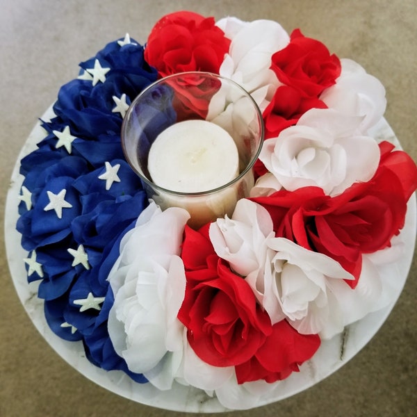 Rose Centerpiece, Patriotic Candle Holder, Red White and Blue Centerpiece, Americana Centerpiece, Candle Centerpiece, Table Candle Holder