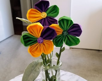 Mardi Gras Table Decor, Mardi Gras Centerpiece, Fabric Flower Bouquet, Flower Table Centerpiece, Floral Picks, Mardi Gras Flowers