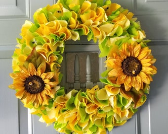 Sunflower Wreath, Bumble Bee Decor, Sunflower Door Hanger, Sunflower Wall Decor, Fabric Wreath, Indoor Door Decor, Sunflower Decoration