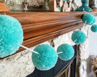 Teal Garland, Farmhouse Garland, Pom Pom Garland, Spring Mantel Garland, Yarn Pom Pom Garland, Spring Garland, Stairway Decor, Doorway Decor