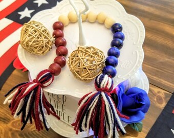 Rustic Patriotic Decor, Wood Bead Garland, Americana Garland, Patriotic Garland, Bead Garland, Yarn Tassel Garland, Beaded Garland