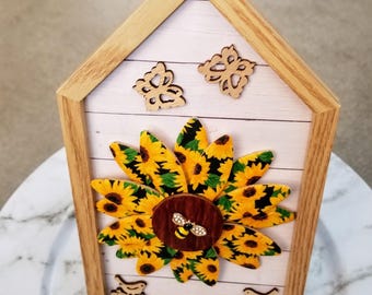 Framed Sunflower, Sunflower Sign, Sunflowers and Bees, Sunflower Shelf Decor, Sunflower Gift, Wood Sunflower Decor, Farmhouse Sunflower Sign