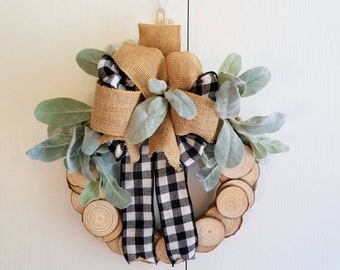 Wood Slice Wreath, Rustic Farmhouse Wreath, Indoor Door Decor, Black and White Wreath, Cabin Wreath, Lambs Ear Wreath, Wooden Wreath