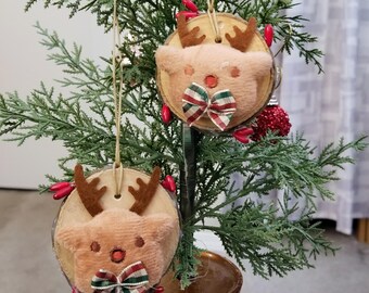 Stuffed Reindeer Ornament, Wood Slice Ornament Set, Christmas Reindeer Ornament, Door Knob Hanger, Reindeer Ornament. Wood Reindeer Ornament