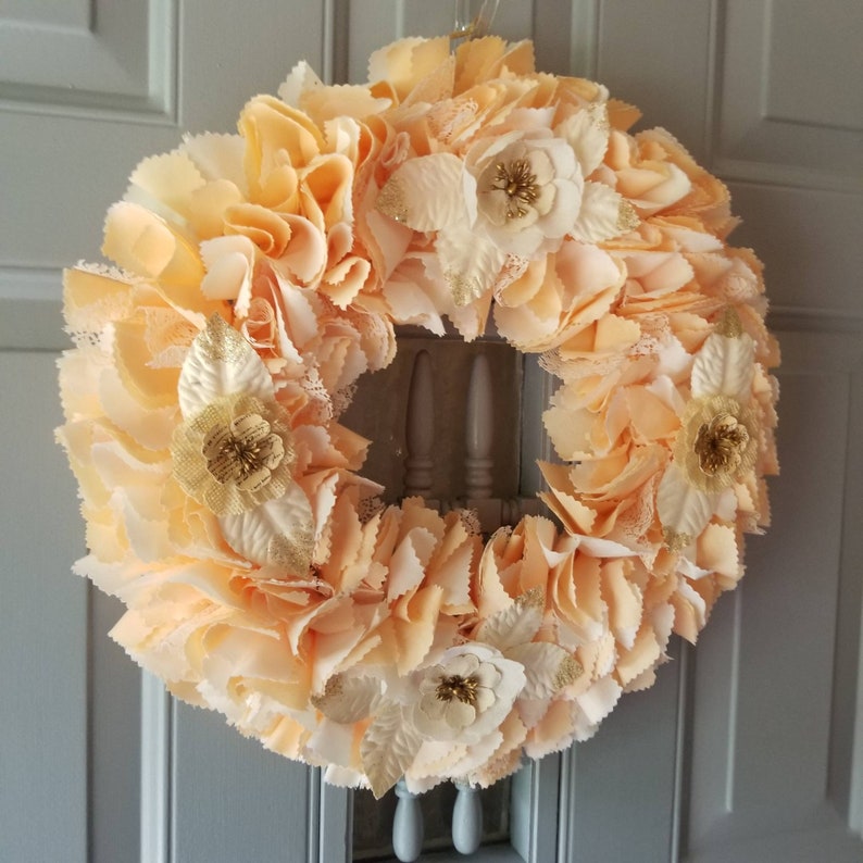 Peach Wreath, French Country Wreath, Country Cottage Decor, Peach Decorations, Fabric Door Wreath, Peach Wall Decor, Indoor Door Decor image 5