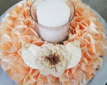 Peach Centerpiece, Candle Centerpiece, Peach Decorations, Peach Bridal Shower, Candle Wreath, Table Candle Holder, Wreath Centerpiece