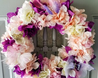 Spring Butterfly Wreath, Pink and Purple Wreath, Flower Door Decoration, Large Candle Holder, Butterfly Centerpiece, Spring Door Hanging