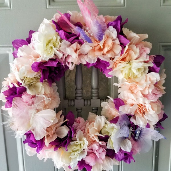 Spring Butterfly Wreath, Pink and Purple Wreath, Flower Door Decoration, Large Candle Holder, Butterfly Centerpiece, Spring Door Hanging