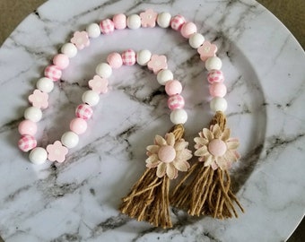 Pink Flower Garland, Wood Bead Garland, Tiered Tray Garland, Flower Garland Decor, Pink Plaid, Tassel Garland, Beaded Garland Decor