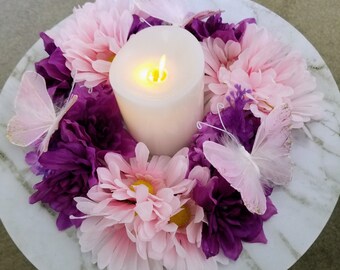 Spring Flower Centerpiece, Spring Candle Holder, Candle Centerpiece, Floral Candle Ring, Table Wreath, Butterfly Centerpiece, Candle Wreath