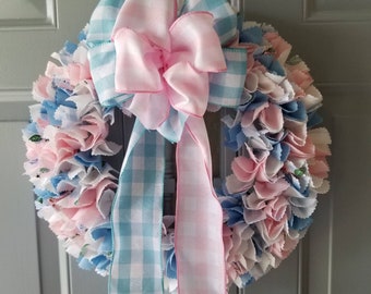 Pastel Wreath, Fabric Door Wreath, French Country Wreath, Fabric Wall Hanger, Fabric Flower Wreath, Indoor Wreath, Gingham Fabric