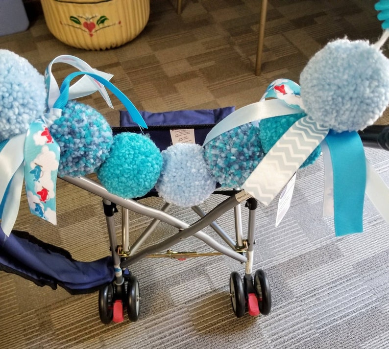 Stroller Garland, Stroller Accessories, Pink Pom Pom Garland, Blue Garland, Stroller Tag, Stroller Banner, Pom Pom Garland, Stroller Decor Blue Poms