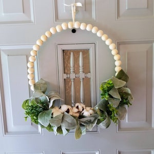 Wood Bead Wreath, Lambs Ear Wreath, Beaded Wreath, Beaded Door Hanger, Cotton Blossom, Hoop Wreath, Cotton Boll Wreath, Indoor Wreath