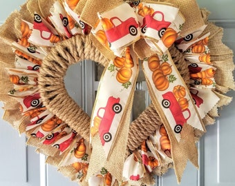 Red Truck Wreath, Burlap Ribbon, Heart Wreath, Fall Truck Door Hanger, Fall Ribbon Wreath, Truck Wreath, Truck Door Hanger, Fall Door Wreath