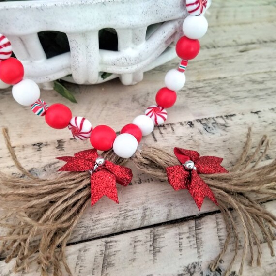 Red and White Wood Bead Garland, Christmas Bead Garland With Tassels,  Tiered Tray Decor 