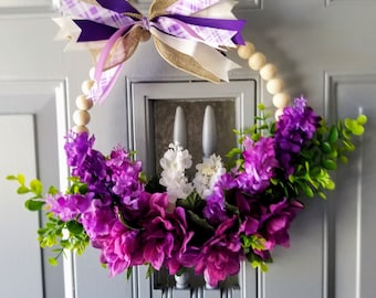 Purple Spring Wreath, Wood Bead Wreath, Beaded Wall Hanging, Purple Flower Wreath, Beaded Wreath, Spring Bead Wreath, Beaded Hanging