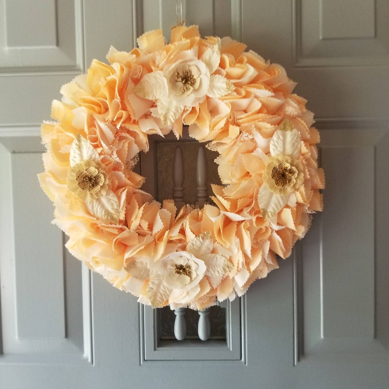 Peach Wreath, French Country Wreath, Country Cottage Decor, Peach Decorations, Fabric Door Wreath, Peach Wall Decor, Indoor Door Decor image 1