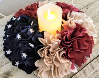 Rustic Table Centerpiece, Candle Centerpiece, Rustic Candle Holder, Americana Flag Decor, Candle Wreath, Table Wreath, Wreath Centerpiece