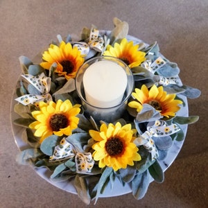 Lambs Ear Centerpiece, Sunflower Table Decor, Table Wreath, Candle Wreath, Wreath Centerpiece, Candle Ring, Candle Holder Decoration