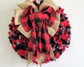 Buffalo Plaid Wreath, Buffalo Check Door Hanger, Indoor Wreath, Fabric Door Hanger, Buffalo Check Decor, Red and Black Plaid Fabric Wreath