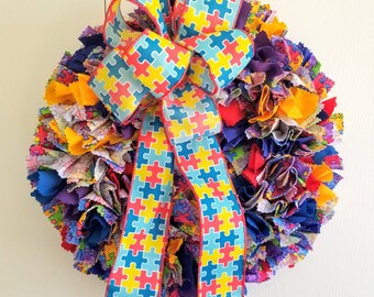 Autism Wreath, Fabric Door Wreath, Autism Awareness, Autism Teacher Gift, Puzzle Piece Gift for Teacher, Playroom Wreath, Classroom Wreath