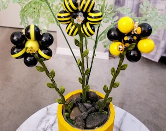 Bee Tiered Tray Decor, Bee Flowers, Beaded Flowers Bouquet, Bumble Bee Decor, Bee Florals, Bee Picks, Bee Table Decor, Honey Bee Decor