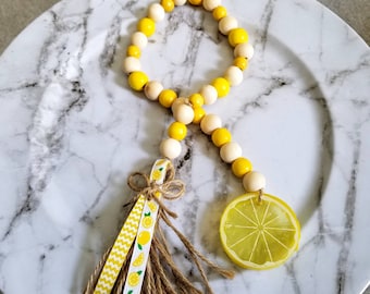 Lemon Garland, Lemon Kitchen Decor, Wood Bead Garland, Kitchen Tiered Tray Decor, Lemon Decorations, Beaded Garland Decor, Yellow Garland