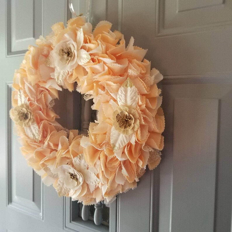 Peach Wreath, French Country Wreath, Country Cottage Decor, Peach Decorations, Fabric Door Wreath, Peach Wall Decor, Indoor Door Decor image 6