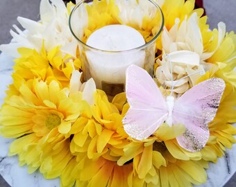 Yellow Flower Centerpiece, Flower Candle Holder, Spring Candle Ring, Butterfly Centerpiece, Flower Table Decoration, Candle Centerpiece