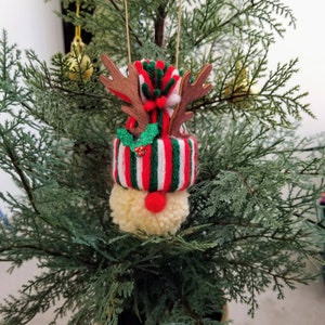 May include: A red and green striped Christmas ornament with a pom-pom nose and wooden reindeer antlers. The ornament is decorated with a green holly sprig and a red berry.