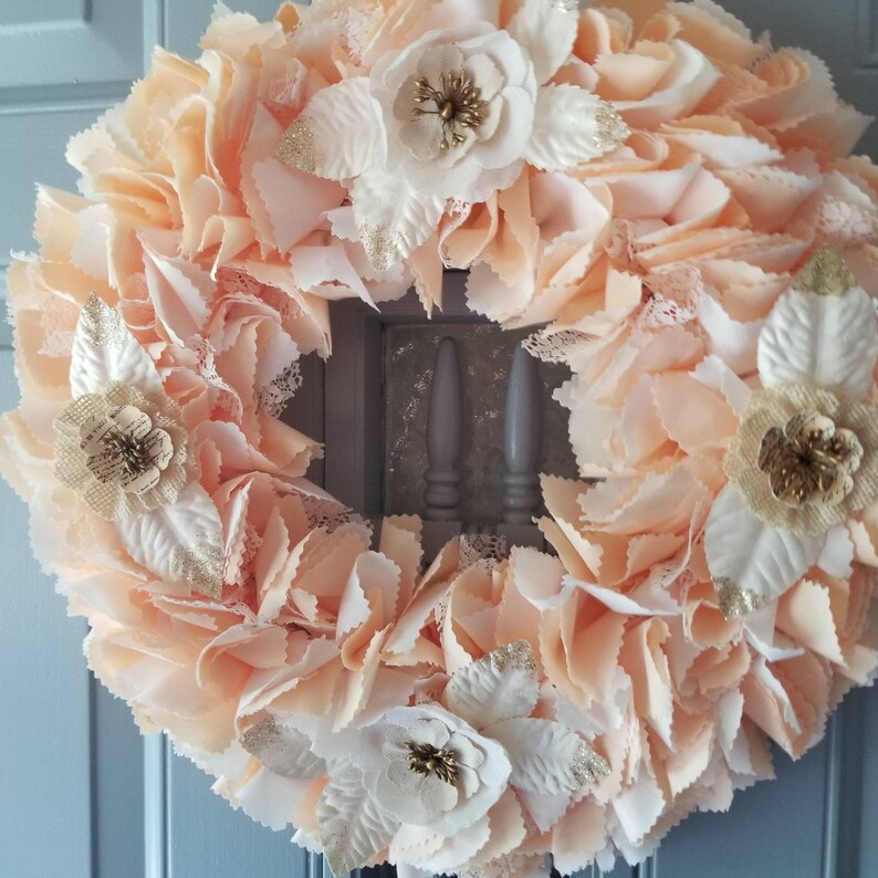 Peach Wreath, French Country Wreath, Country Cottage Decor, Peach Decorations, Fabric Door Wreath, Peach Wall Decor, Indoor Door Decor image 3