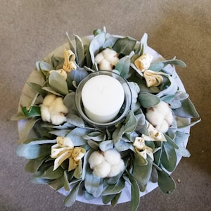 Lambs Ear Candle Ring: Cotton Boll Farmhouse Centerpiece